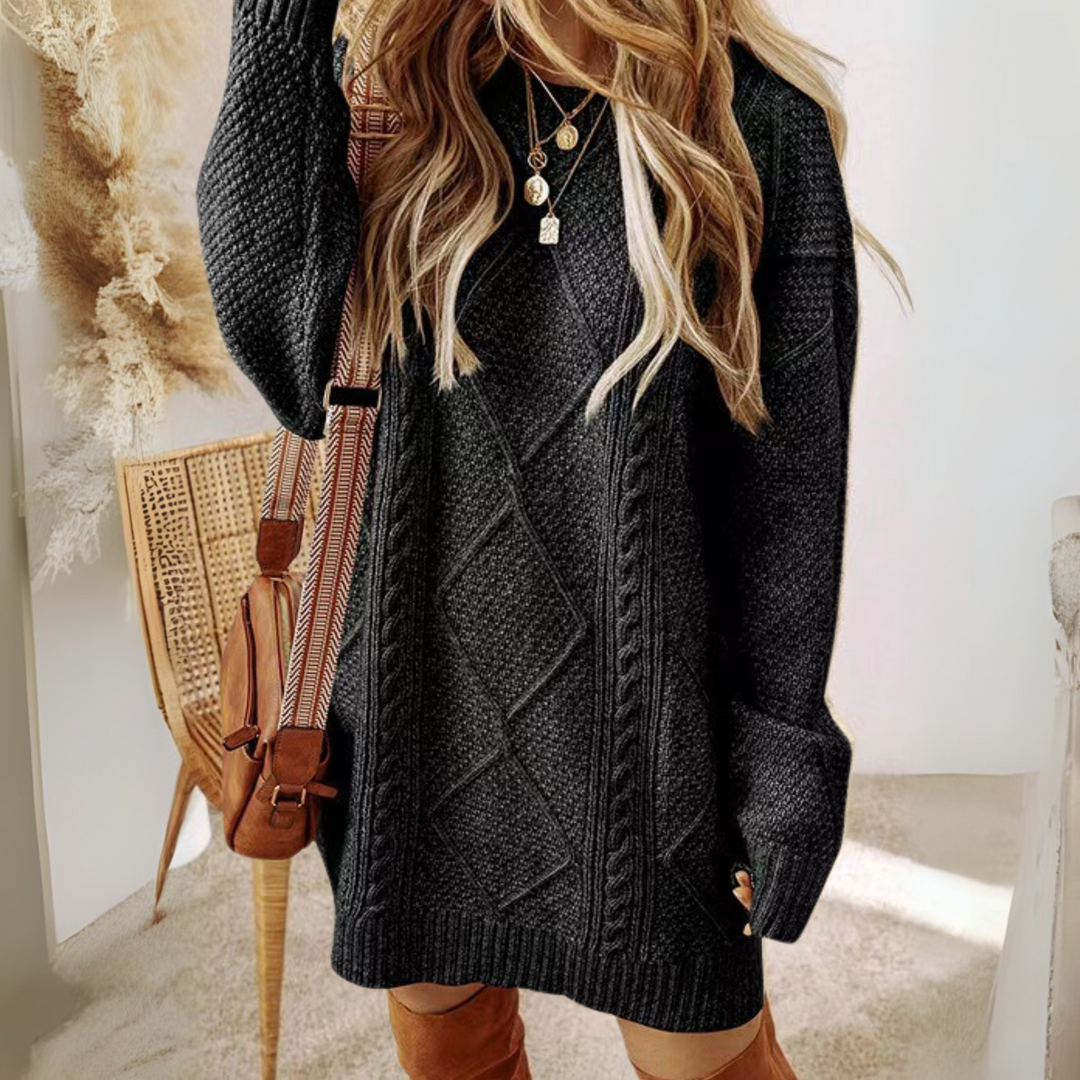 APAT™ - Cozy Round Neck Long Sleeve Midi Sweater Dress