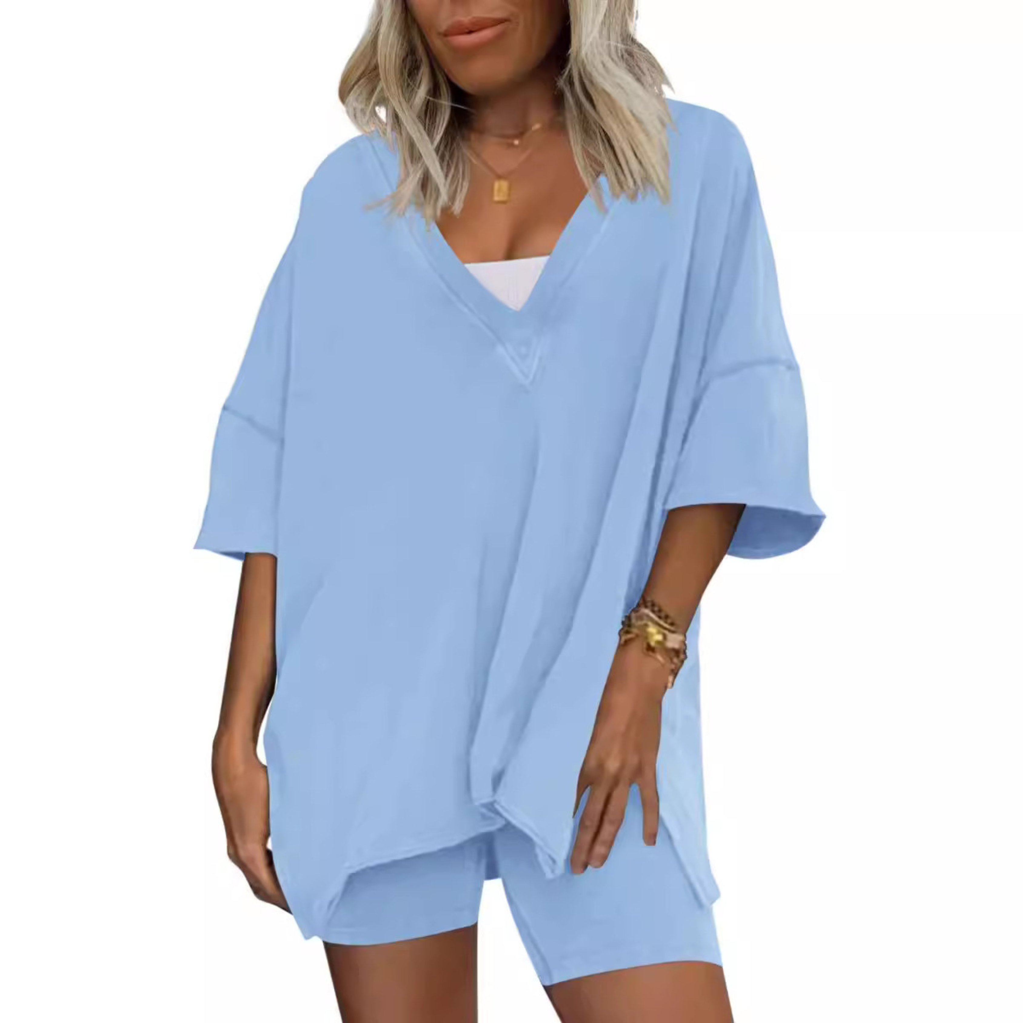 The Camille V-Neck Cotton Short Set — Maison Fortin