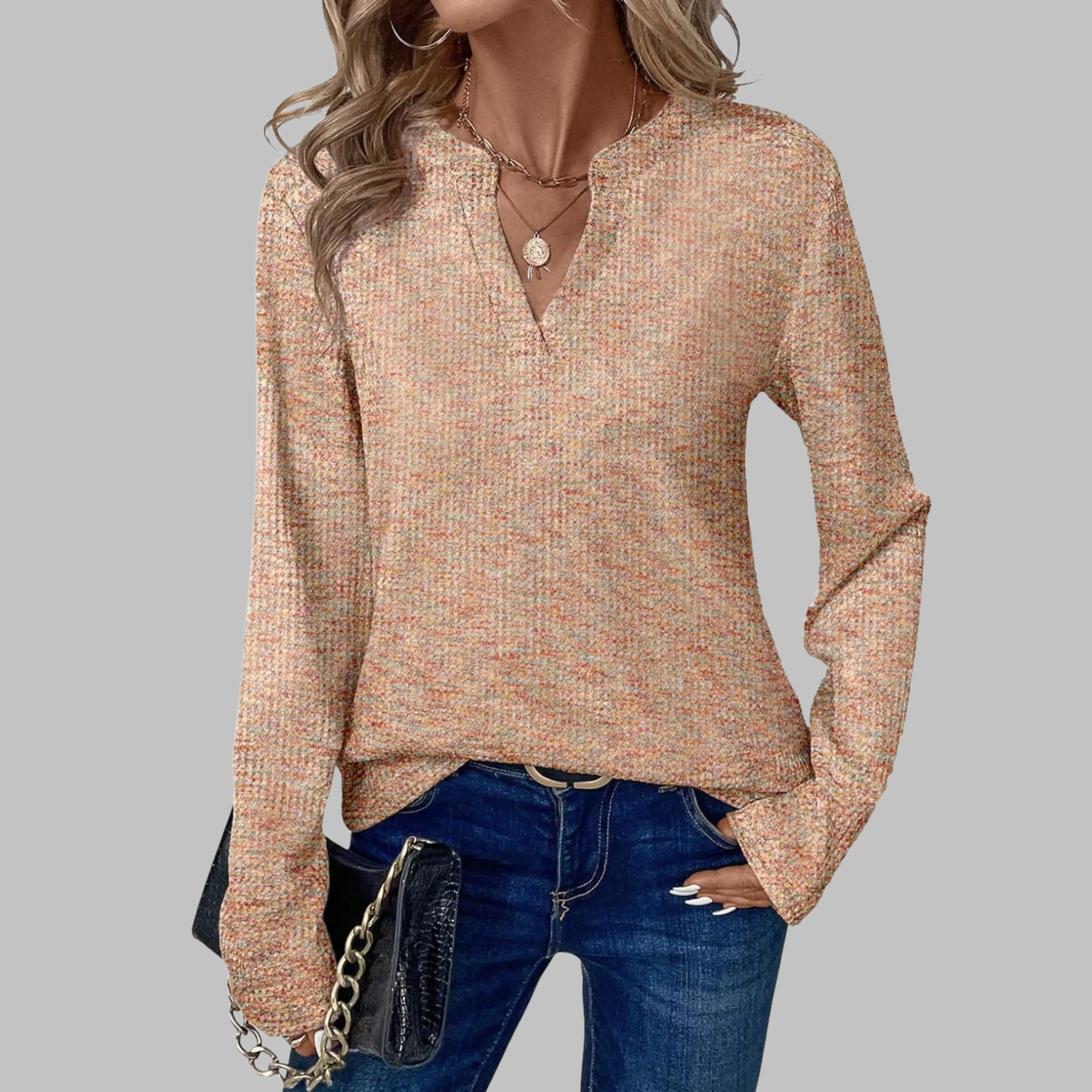 The Vivienne Soft Long-Sleeve V-Neck Blouse — styled view