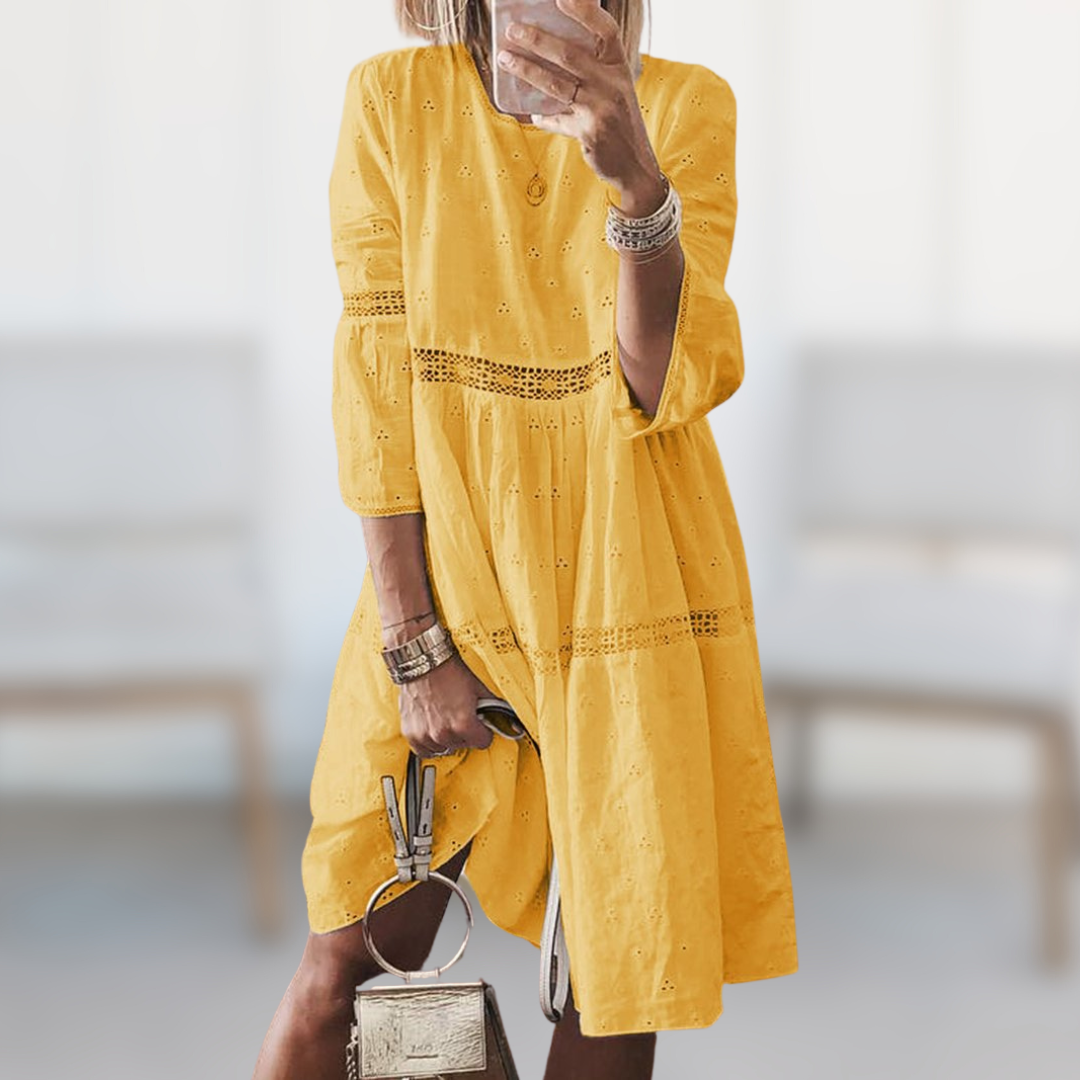 The Adèle Relaxed Summer Sundress by Maison Fortin — flowing midi-length dress with V-neckline and soft cap sleeves