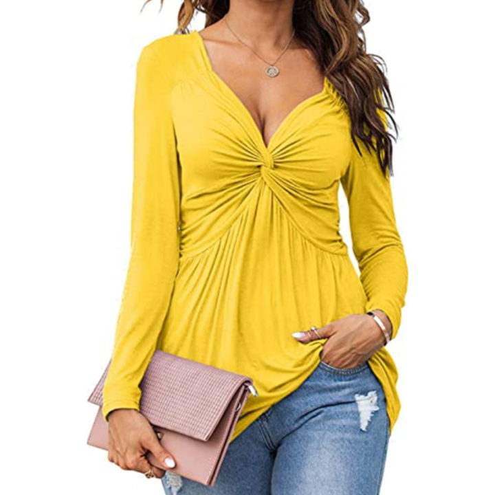 EMMA™ - Casual V-Neck Front Knotted Blouse with Long Sleeves