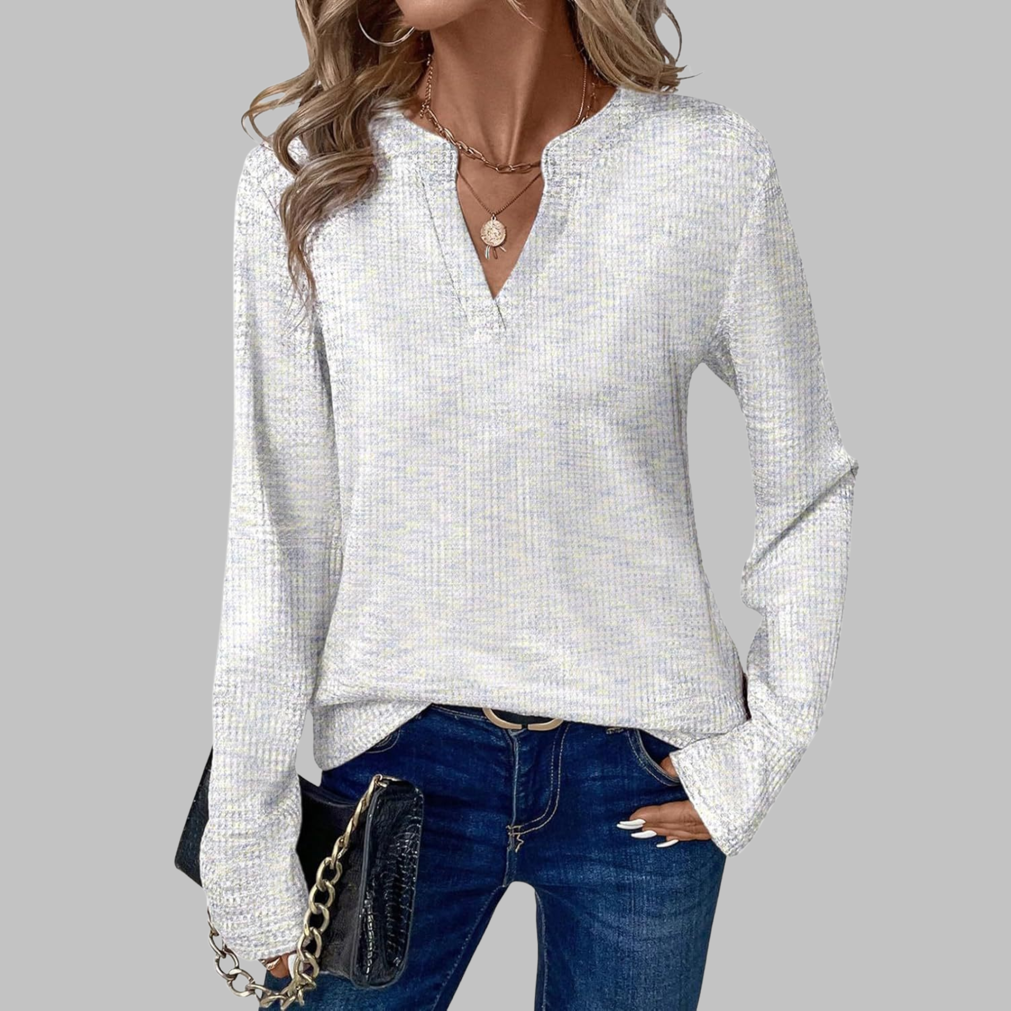 The Vivienne Soft Long-Sleeve V-Neck Blouse — detail view
