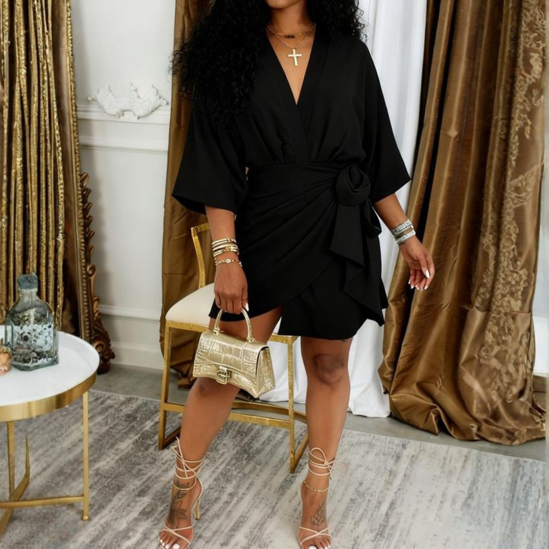 JEIYA™ - Chic Plain Side Tie Wrap V-Neck Bishop Party Mini Dress