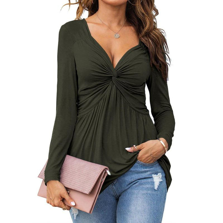 EMMA™ - Casual V-Neck Front Knotted Blouse with Long Sleeves