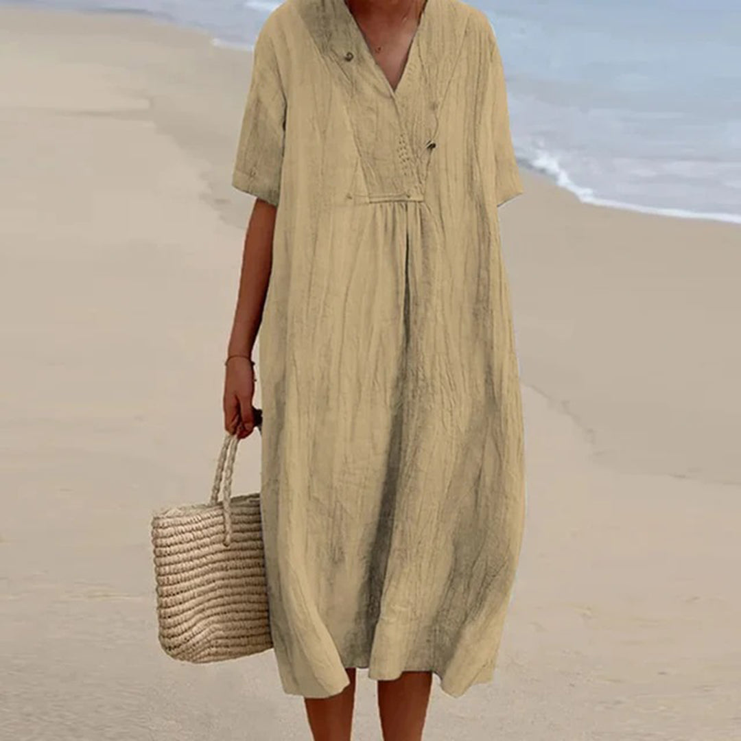 The Joséphine Stripe Relaxed Midi Dress in Khaki