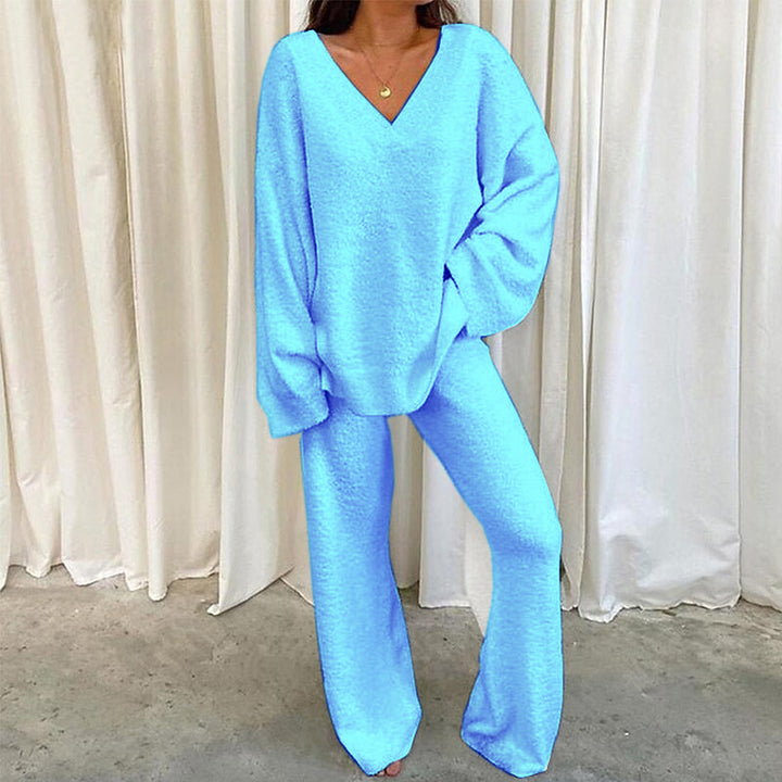 MULANA™ - Chic V-Neck Top and Wide Leg Pants Set