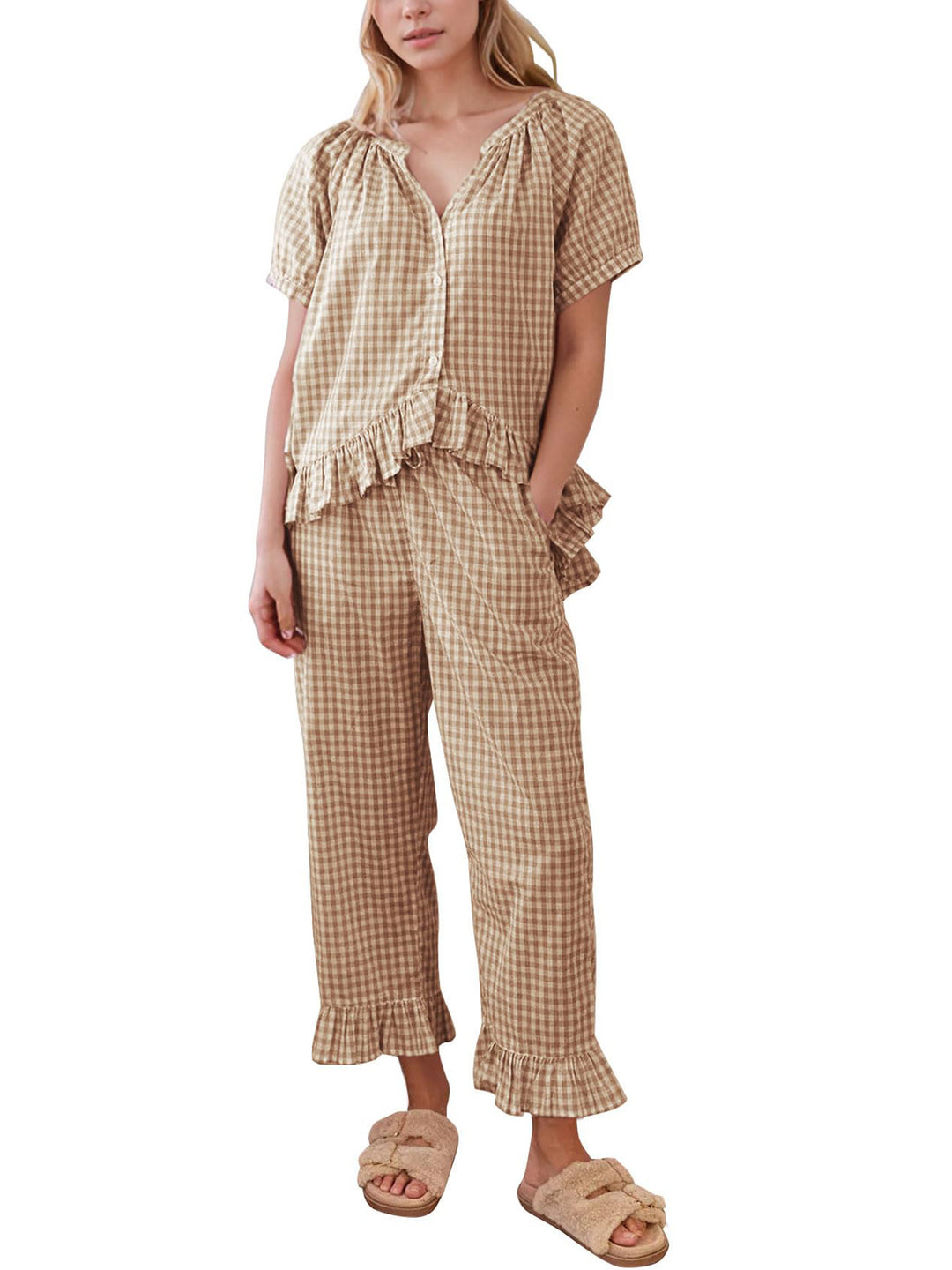 Hadley™ - Gingham Puff Sleeve Ruffle Pajama Set