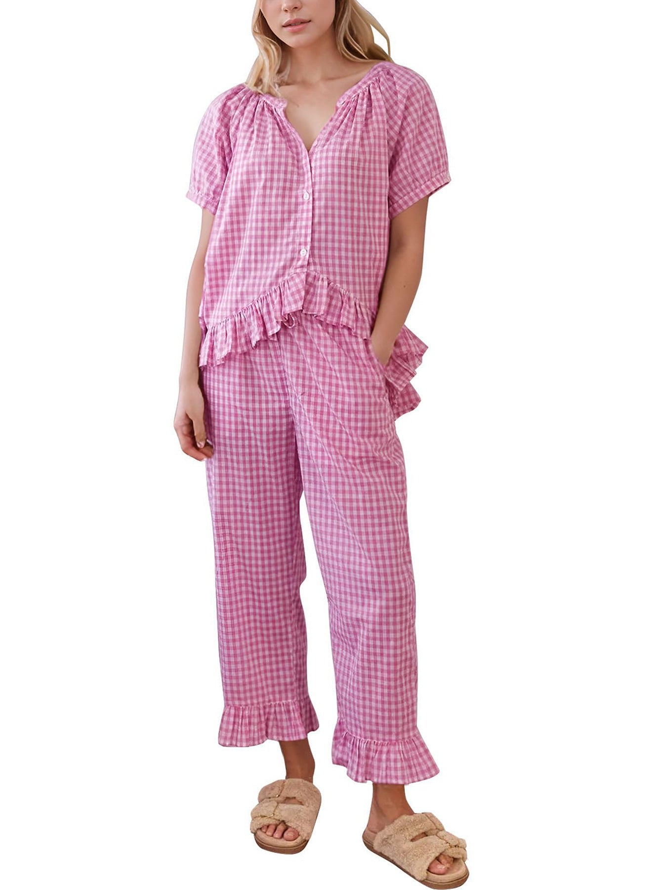 The Juliette Gingham Puff-Sleeve Pajama Set by Maison Fortin