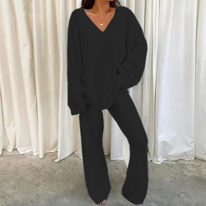 MULANA™ - Chic V-Neck Top and Wide Leg Pants Set