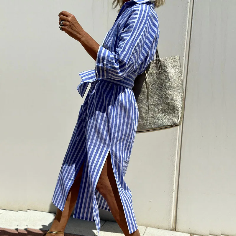 The Amara Striped Belted Shirt Dress — styled view