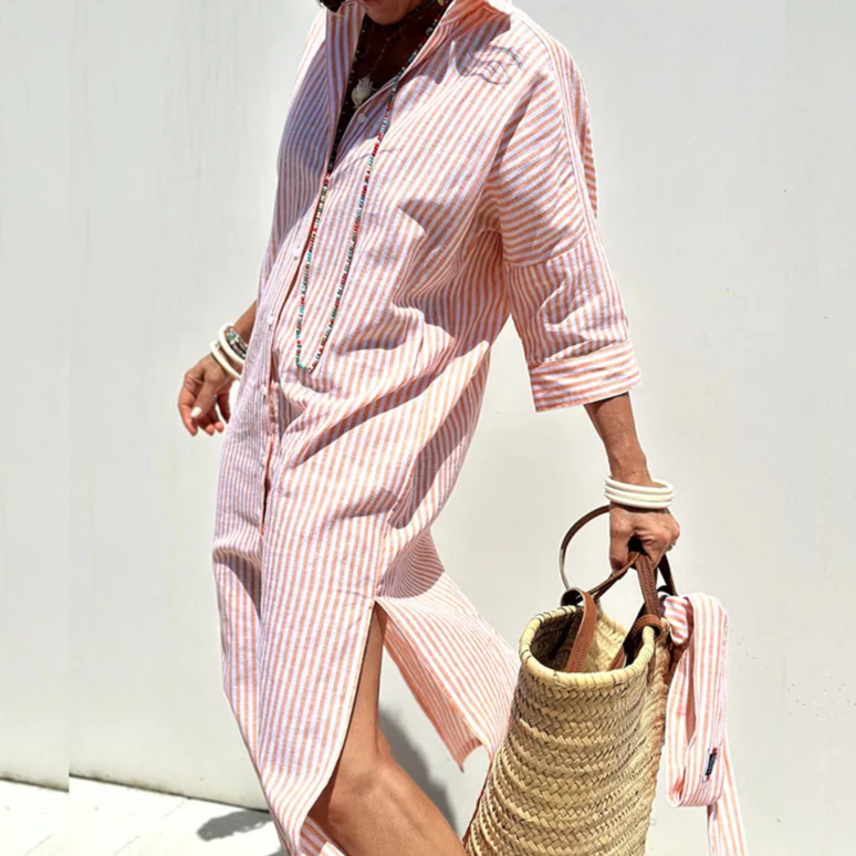 The Amara Striped Belted Shirt Dress — front view