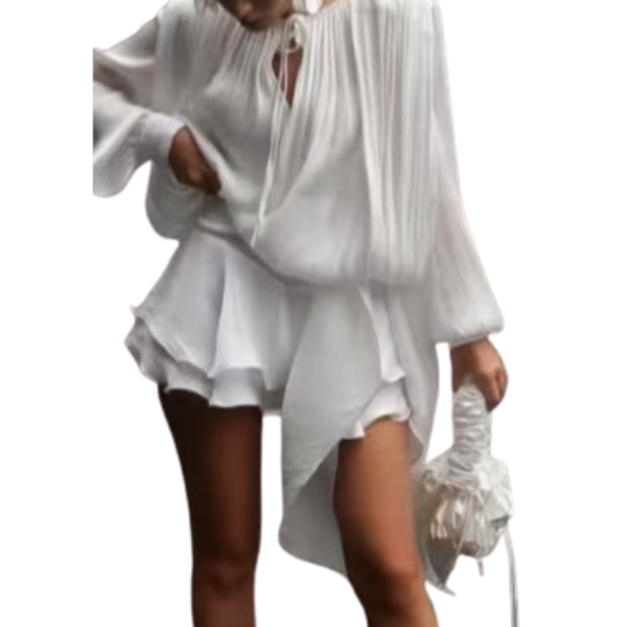 SARA™ - Ruffle Skirt Two-Piece with Lantern Sleeves & Tie-up Front