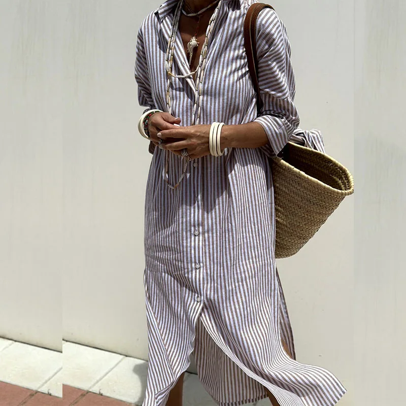 The Amara Striped Belted Shirt Dress — detail view