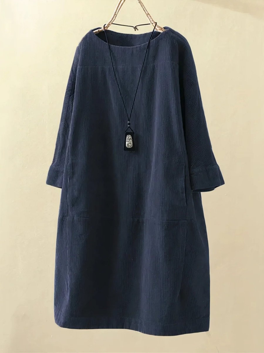 The Clara Soft Corduroy Midi Dress in warm autumn tone