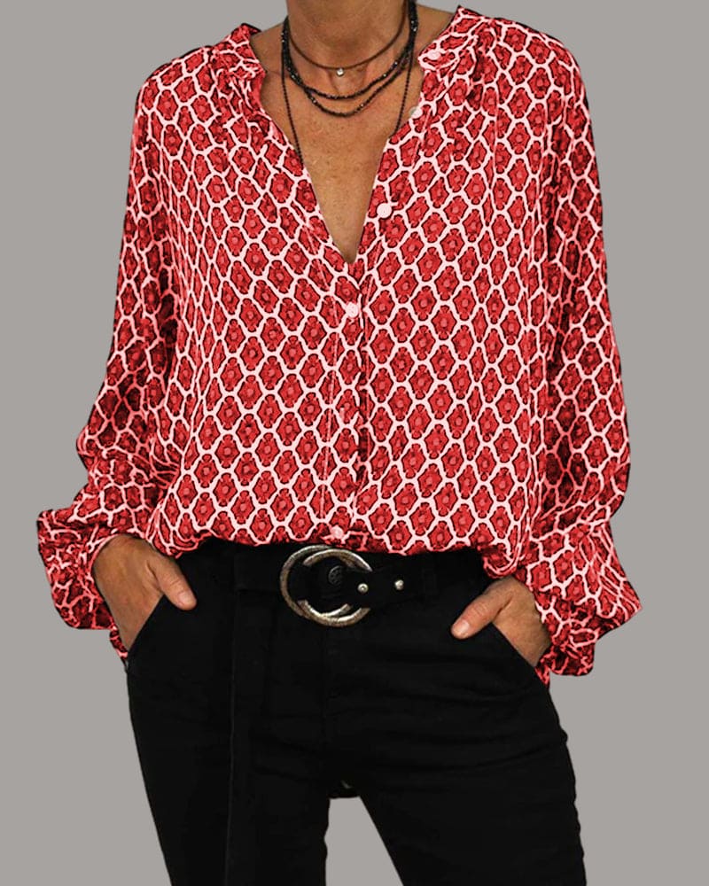 The Lucie Geometric Print V-Neck Blouse by Maison Fortin
